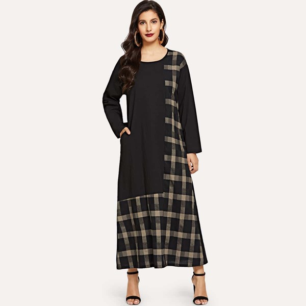 

Plaid Contrast Hidden Pocket Longline Dress, Black