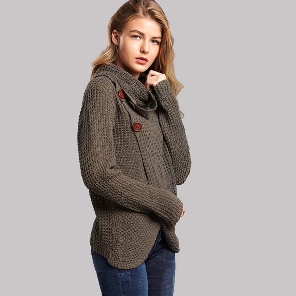 

Button Front High Neck Overlap Sweater