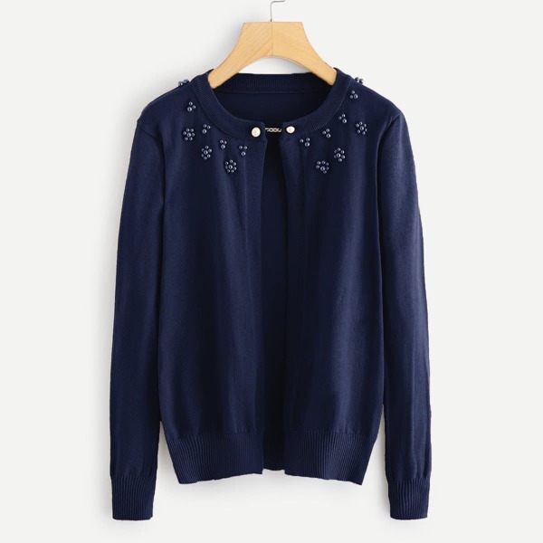 

Pearl Beaded Open Front Knit Coat, Navy