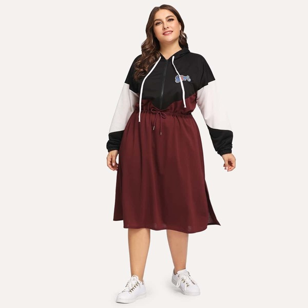 

Plus Drawstring Color Block Hooded Dress, Multicolor
