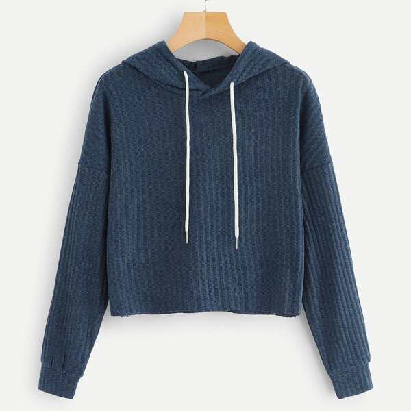 

Drop Shoulder Drawstring Ribbed Hoodie, Navy