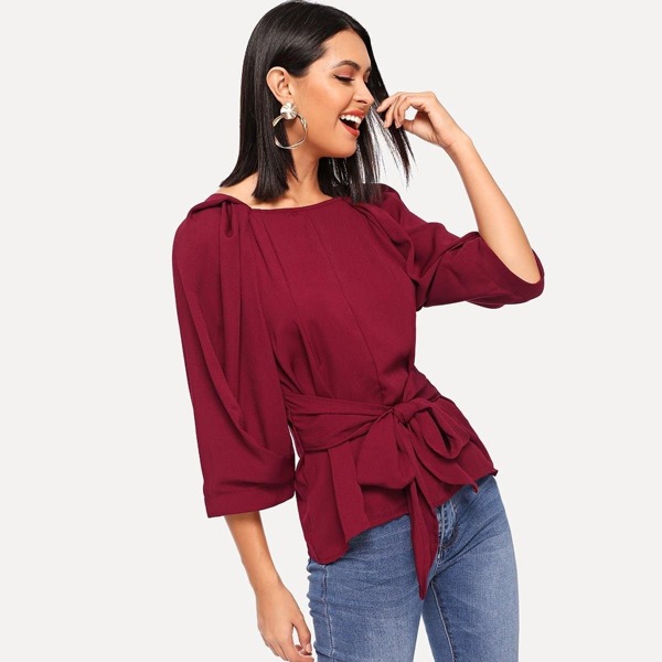 

Zip Back Tie Waist Blouse