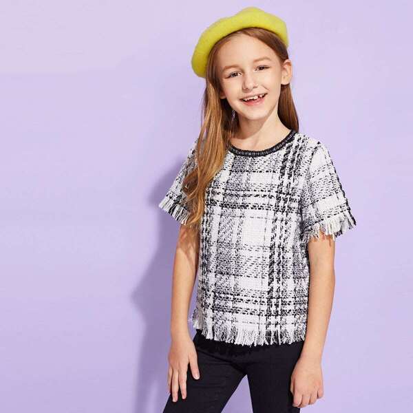 

Girls Frayed Trim Tweed Top, Black and white