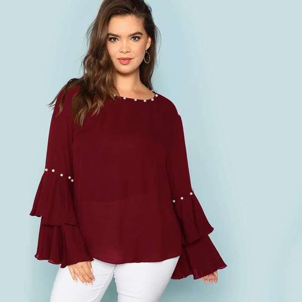 

Plus Pearl Embellished Layered Flounce Sleeve Top