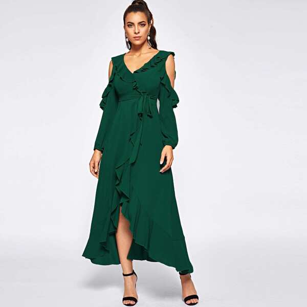 

Crisscross Back Self Tie Surplice Ruffle Dress, Green