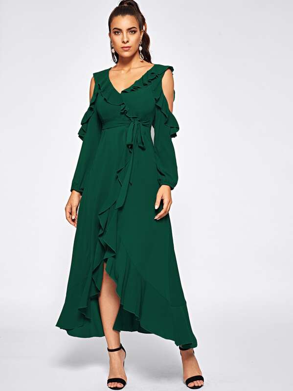 

Crisscross Back Self Tie Wrap Ruffle Dress, Green, DANI A