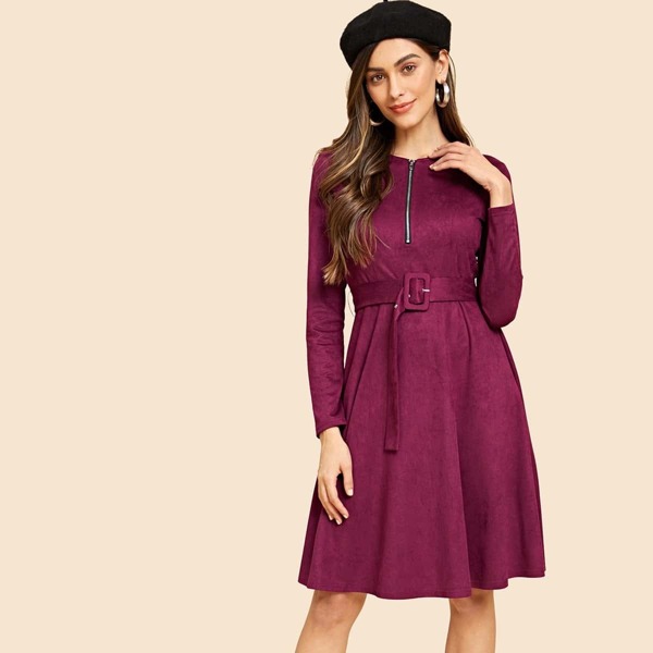 

Zip Half Placket Belted Dress