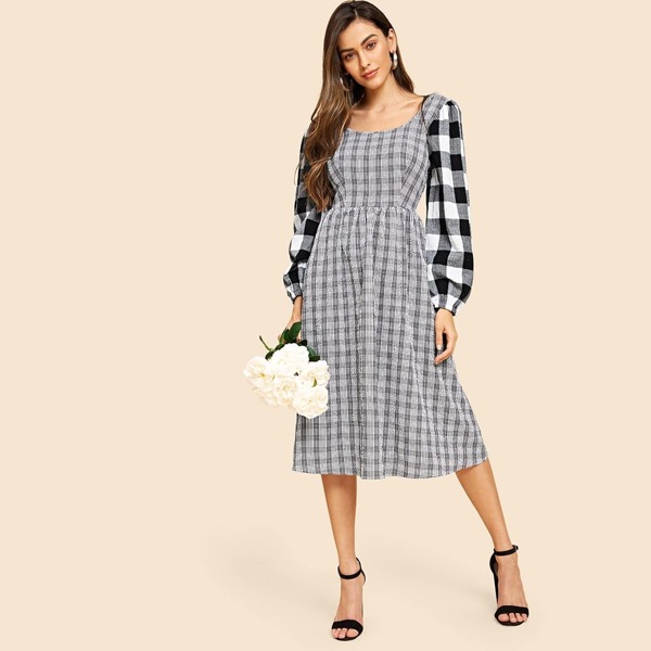 

60s Square Neck Lantern Sleeve Plaid Dress