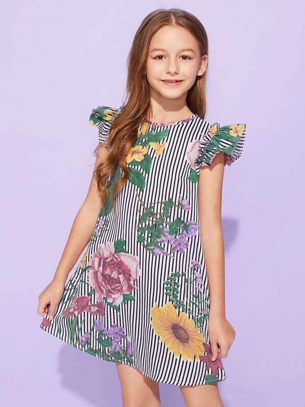 

Girls Ruffle Armhole Mixed Print Dress, Multicolor