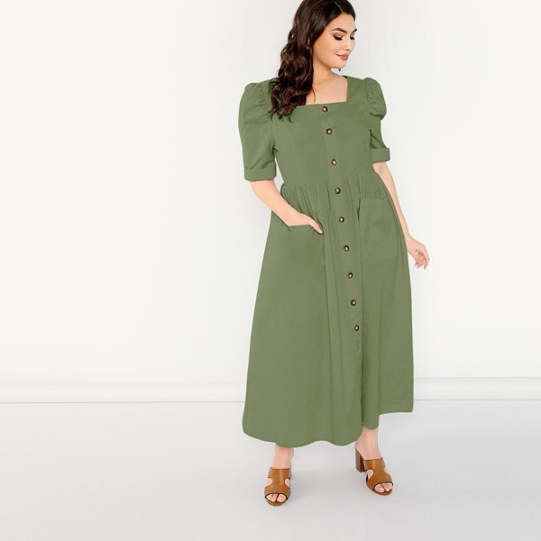 

Plus Pocket Front Button Through Dress, Army green