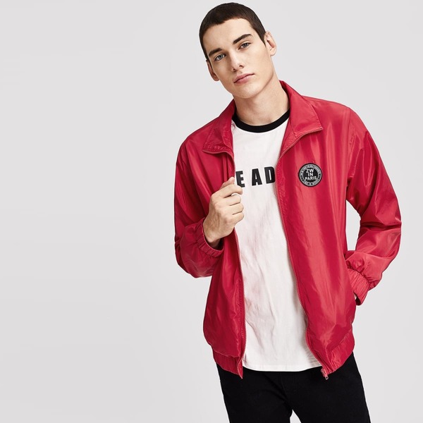 

Men Zip Up Patched Detail Windbreaker Jacket, Red
