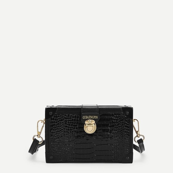 

Push Lock Crocodile Pattern Crossbody Bag, Black