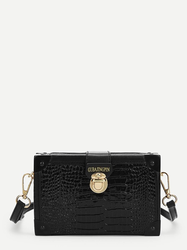 

Push Lock Crocodile Pattern Crossbody Bag, Black