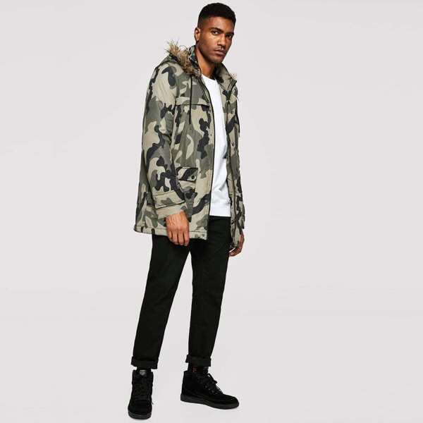 

Men Faux Fur Hooded Camo Coat, Multicolor