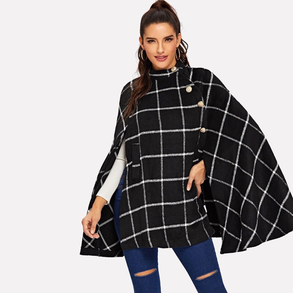 

Button Front Plaid Print Cape Coat