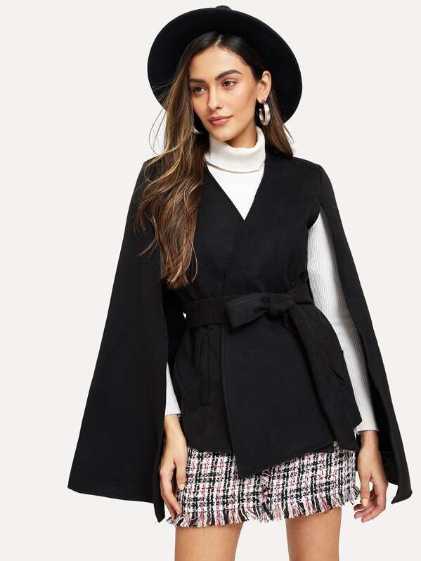 

Self Tie Wrap Cape Coat, Black, Carol A
