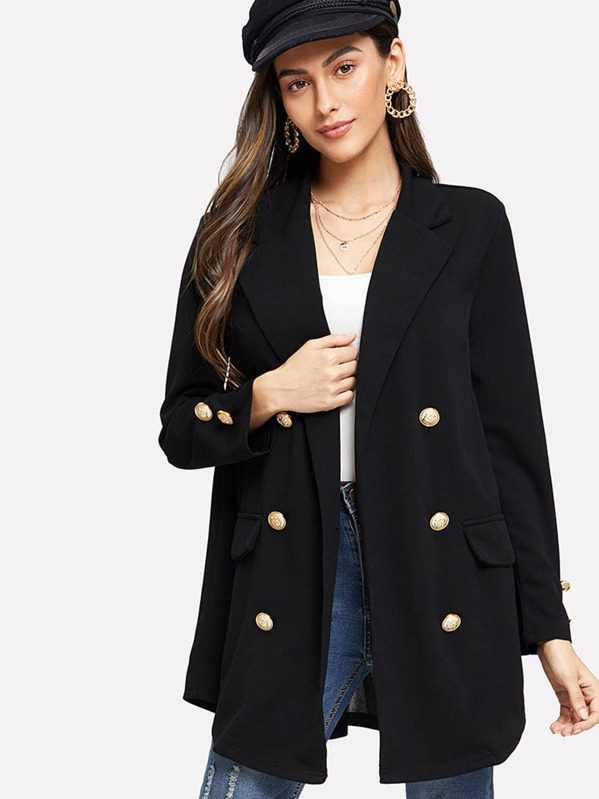 

Button Detail Notched Collar Coat, Black, Carol A