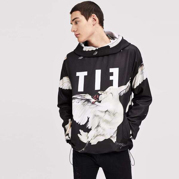 

Men Animal Print Drawstring Hem Hoodie Jacket, Multicolor