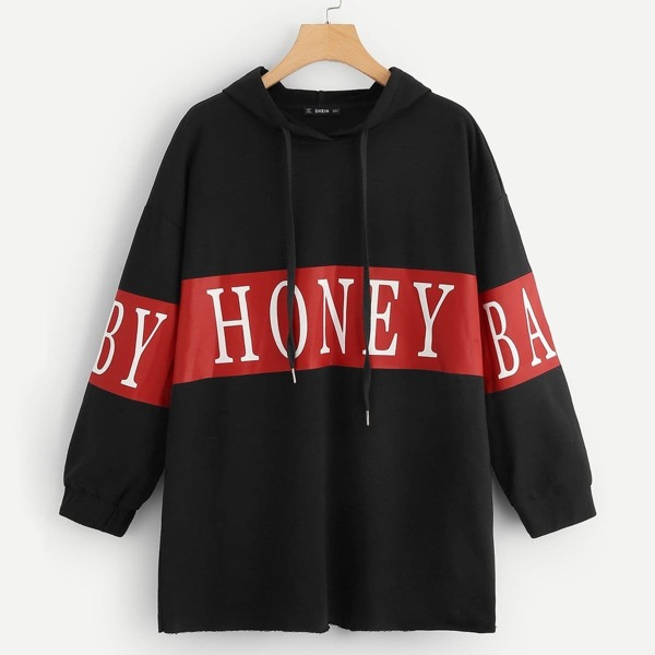 

Letter Print Colorblock Longline Hoodie