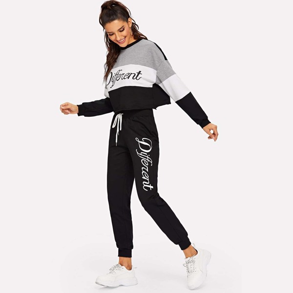 

Letter Print Colorblock Pullover and Sweatpants Set