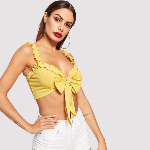 

Knot Front Ribbed Knit Crop Top, Yellow