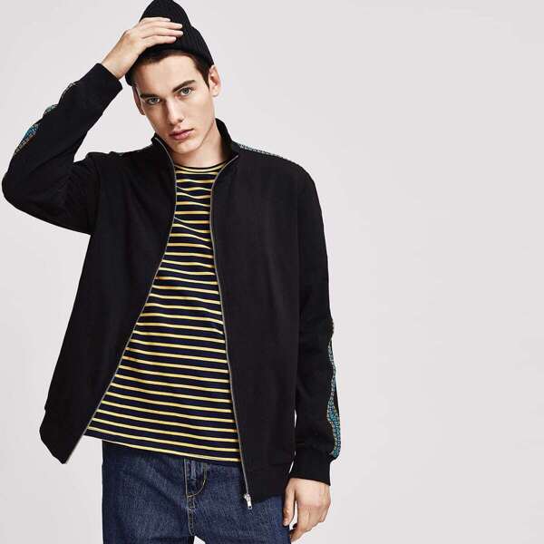 

Men Zip Up Embroidered Tape Mock-Neck Jacket