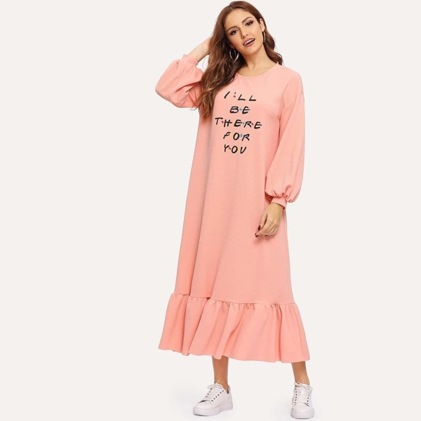 

Lantern Sleeve Pephem Letter Print Textured Dress
