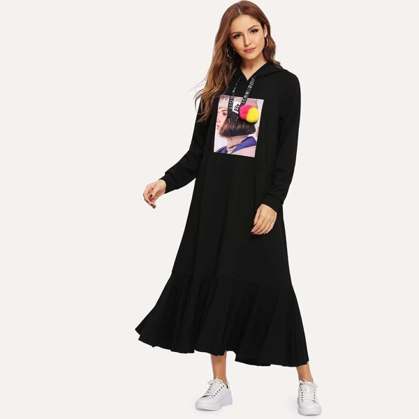 

Pompom Detail Patched Hooded Hijab Dress