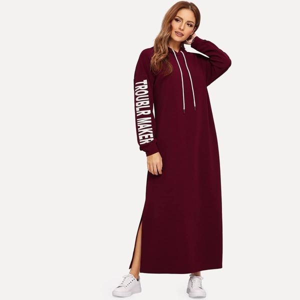 

Letter Print Split Side Hooded Hijab Dress