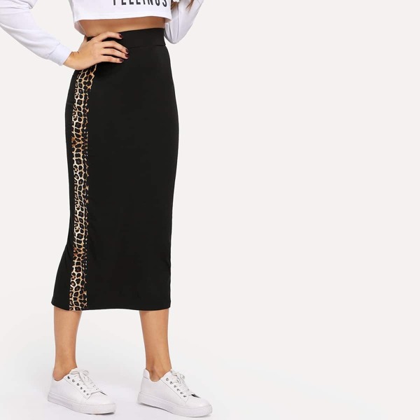 Contrast Leopard Panel Wide Waistband Skirt, Black