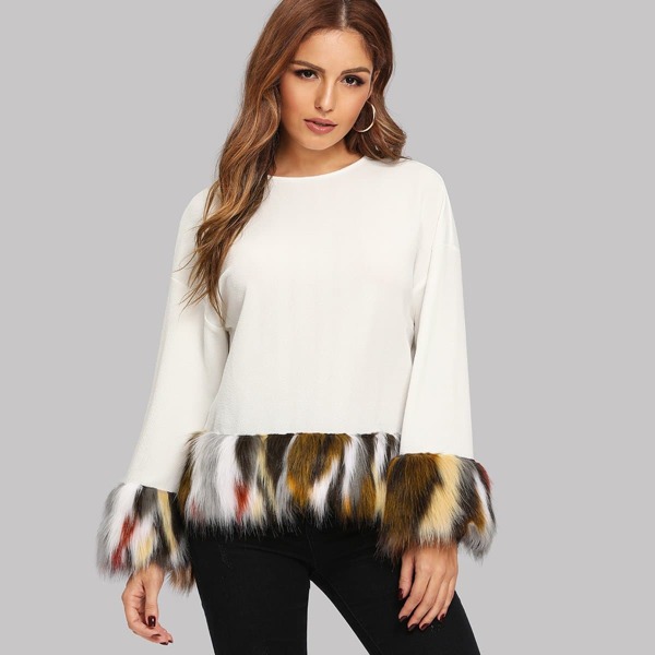 

Contrast Faux Fur Drop Shoulder Sweatshirt, White