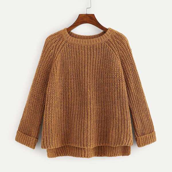 

Cuffed Raglan Sleeve Dip Hem Sweater