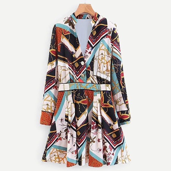 

Scarf Print Half Button Flare Shirt Dress, Multicolor