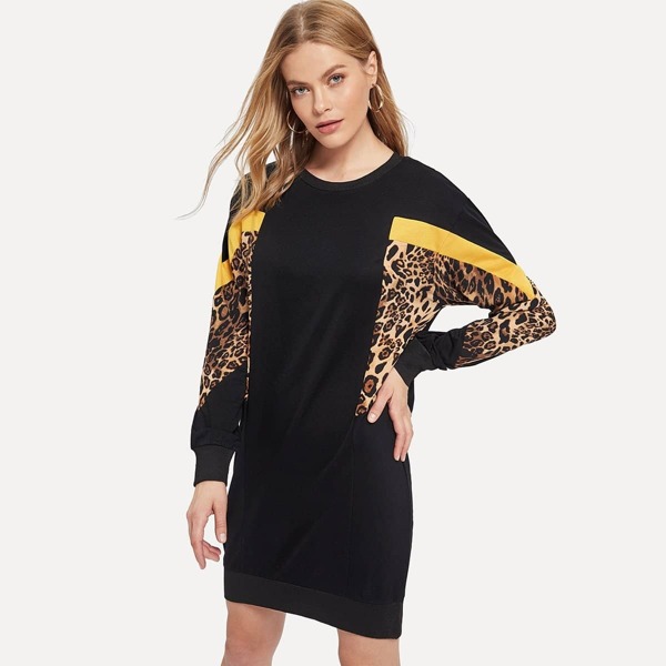 

Contrast Leopard Print Sweatshirt Dress