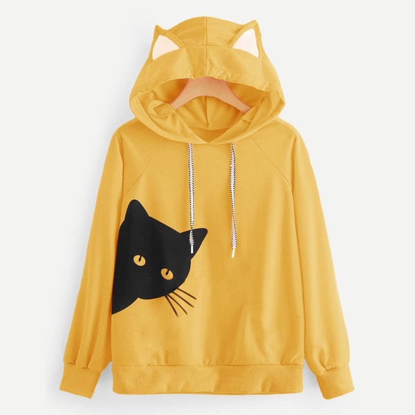 

Cat Print Hooded Sweatshirt, Yellow