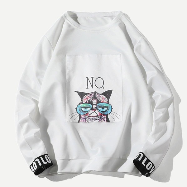 

Men Crew Neck Cat Patch Slogan Sweatshirt, White