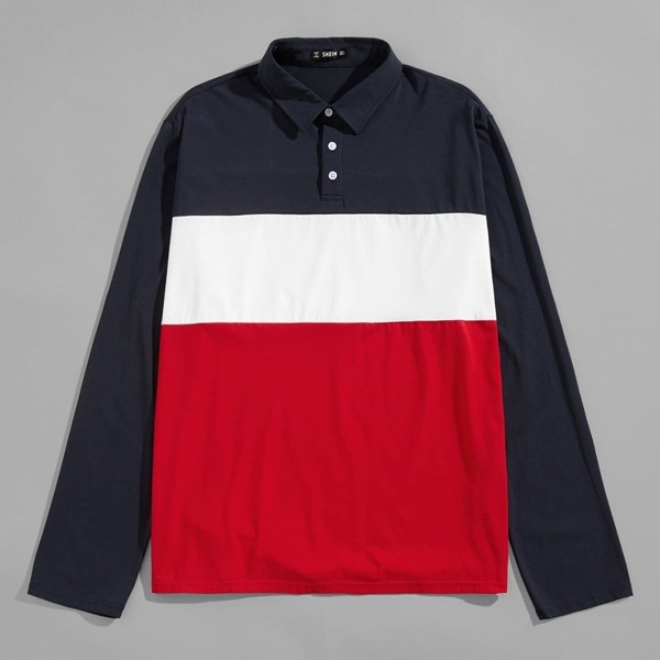 

Men Button Front Color Block Polo Shirt