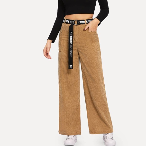 

Pocket Side Wide Leg Corduroy Pants Without Belted