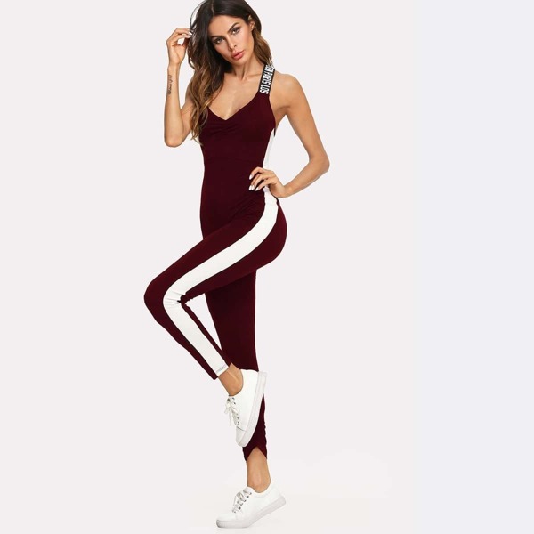 

Colorblock Panel Crisscross Letter Print Strap Jumpsuit