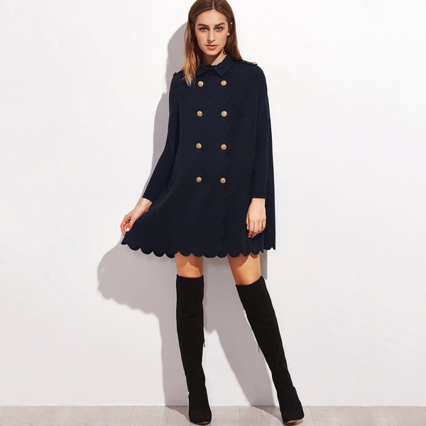 

Double Breasted Scallop Edge Cape Coat, Navy