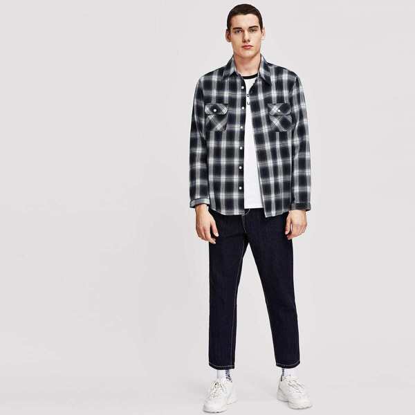

Men Pocket Front Plaid Shirt, Black and white