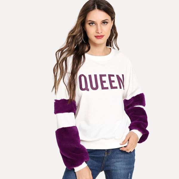 

Faux Fur Embellished Letter Sweatshirt, White
