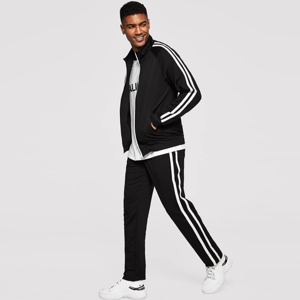 

Men Zip Front Striped Coat & Pants Set