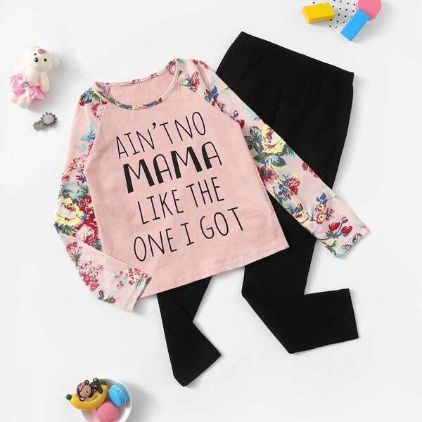 

Girls Floral Sleeve Letter Print Top & Pants Set