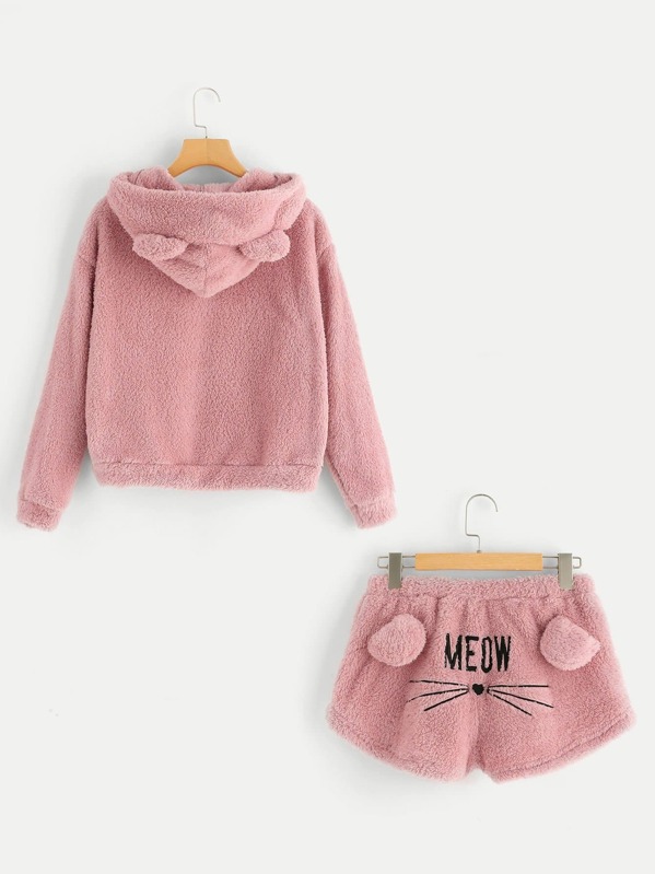 

Cartoon Print Letter Teddy Coat & Shorts Set, Pink