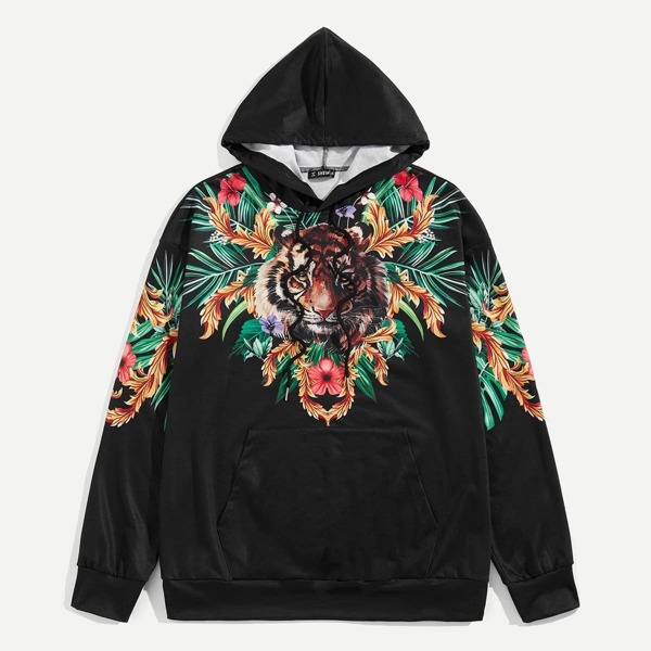 

Men Tiger Pattern Drawstring Hoodie