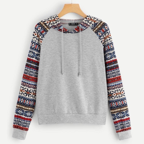 

Geo Print Sleeve and Hood Heather Knit Sweatshirt
