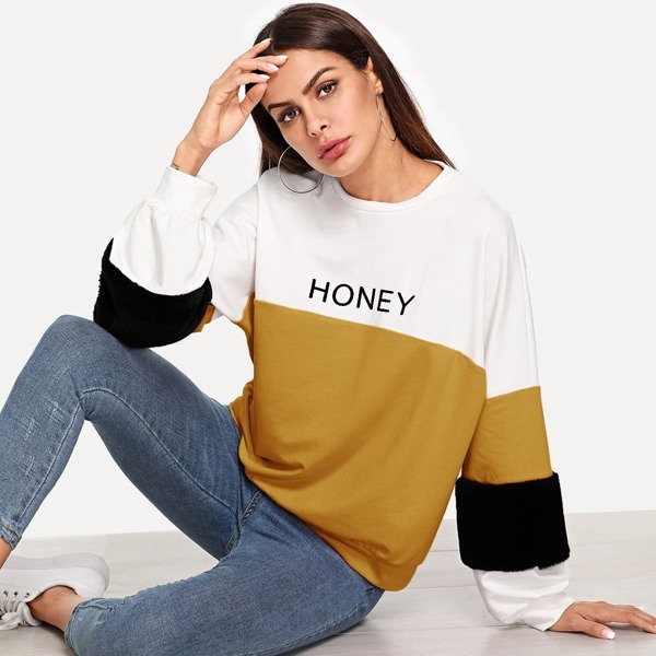 

Faux Fur Detail Cut and Sew Sweatshirt