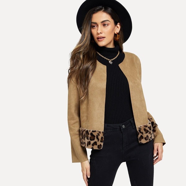 

Contrast Leopard Faux Fur Open Front Coat