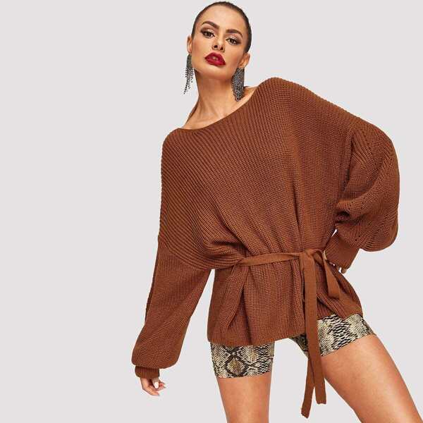 

Balloon Sleeve Belted Sweater